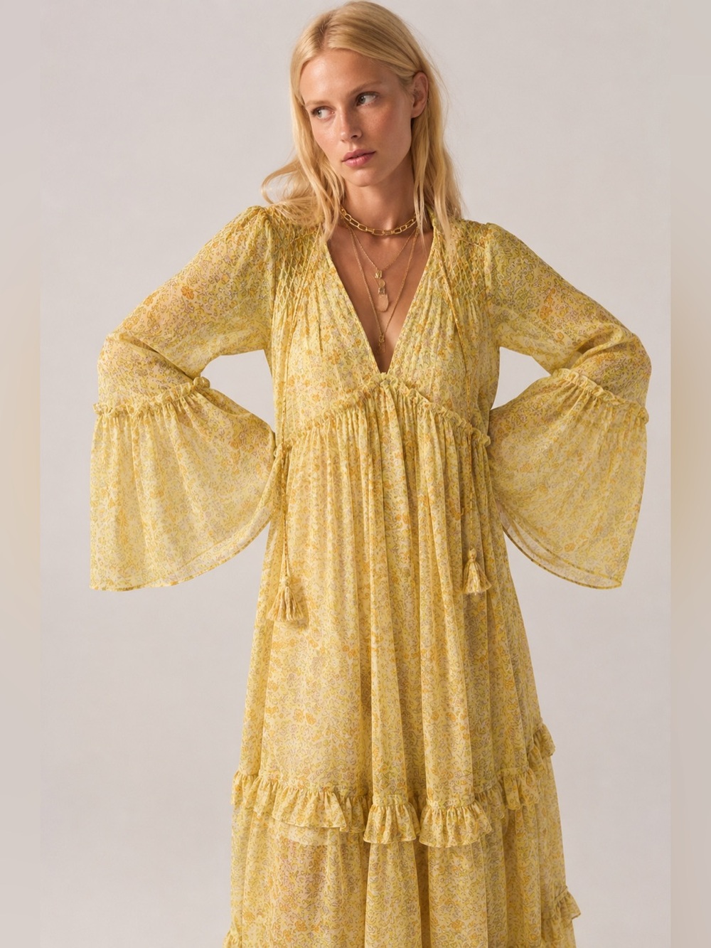 FREE PEOPLE Weeping Willows Maxi‎ Dress Yellow Floral Boho Maxi Dress